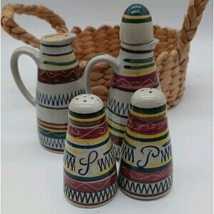Vtg Marzi Remy Pottery Salt & Pepper Oil & Vinegar West Germany Handled Basket